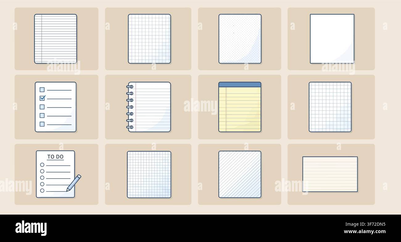 Vector notebook papers, grid paper, lined sheets, and to-do list icons set isolated on light background. Stock Vector
