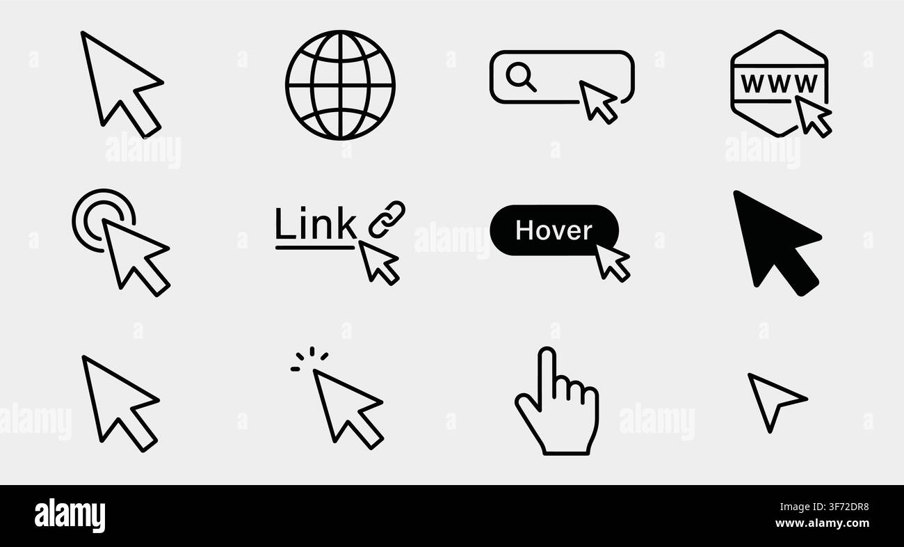 Vector mouse cursors, hand pointers, web symbols, and interface icons set isolated on light background. Stock Vector