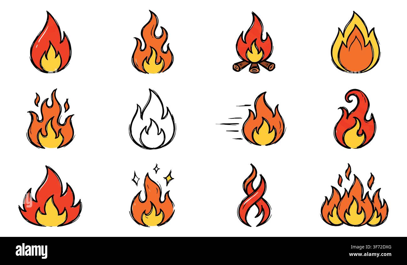 Hand drawn doodle vector fire, flames, bonfire, and spark icons set isolated on white background. Stock Vector