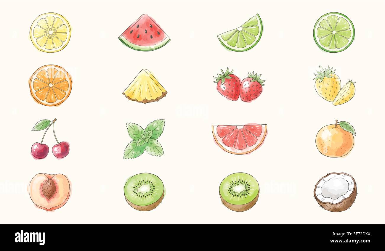 Hand drawn watercolor fresh fruits set, slices, and tropical fruit icons isolated on light background. Stock Vector