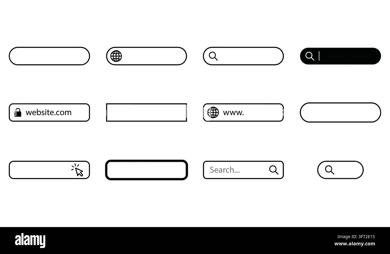 Vector website search bars, URL bars, and user interface elements set isolated on white background. Stock Vector