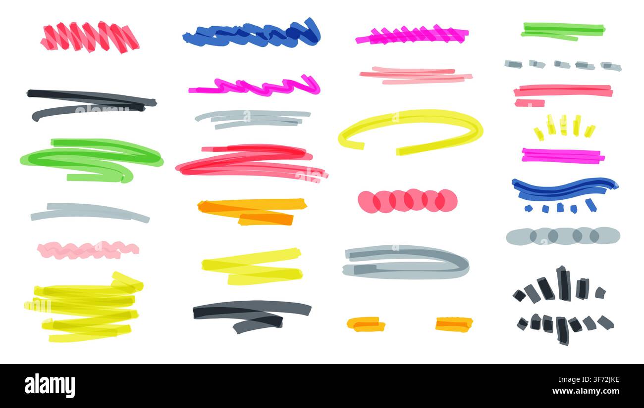 Highlighters marker for brochure, poster, notes or text. Abstract bright lines and circles in hand drawn style. Outline minimalist template design. Stock Vector