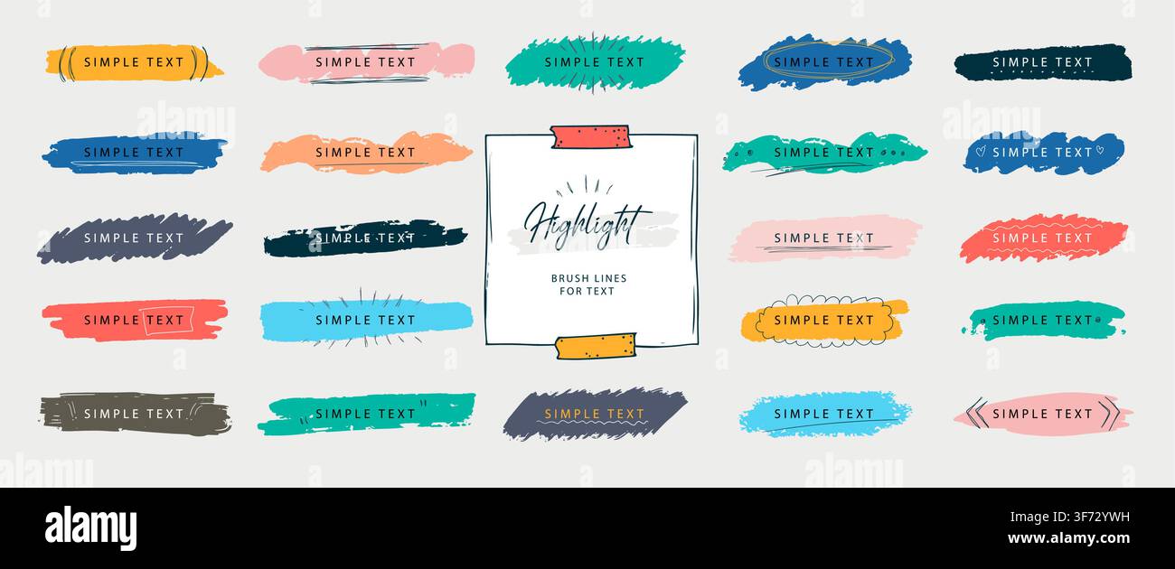 Line handwriting design template. Marker and pen color writing text. Highlight type frames. Square, scribble, parentheses, message hand drawn notes Stock Vector