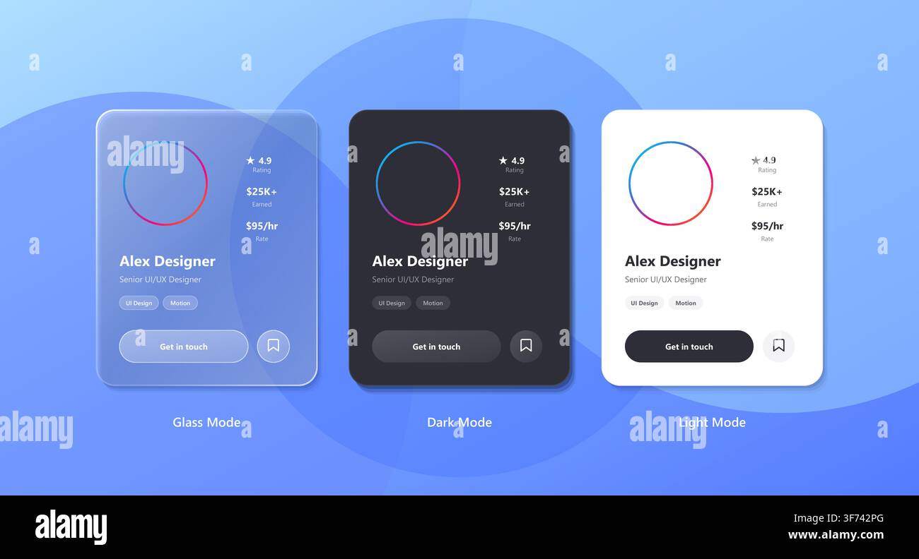 Ui design comparison showing glass mode, dark mode, and light mode profile cards for a designer portfolio Stock Vector