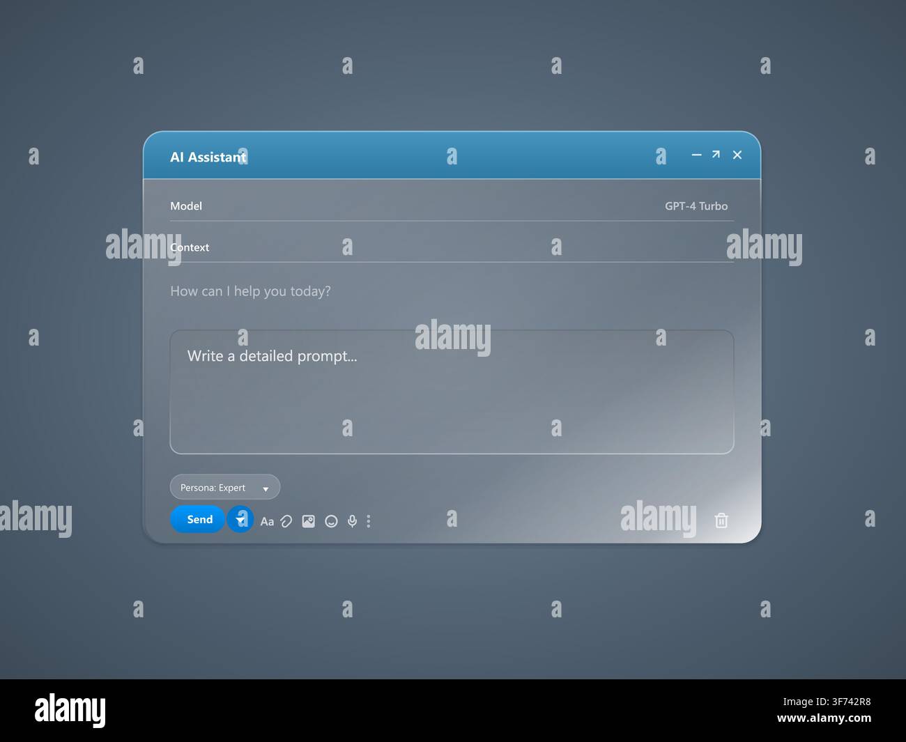 Ai assistant interface window with text input field and gpt4 turbo model selection Stock Vector