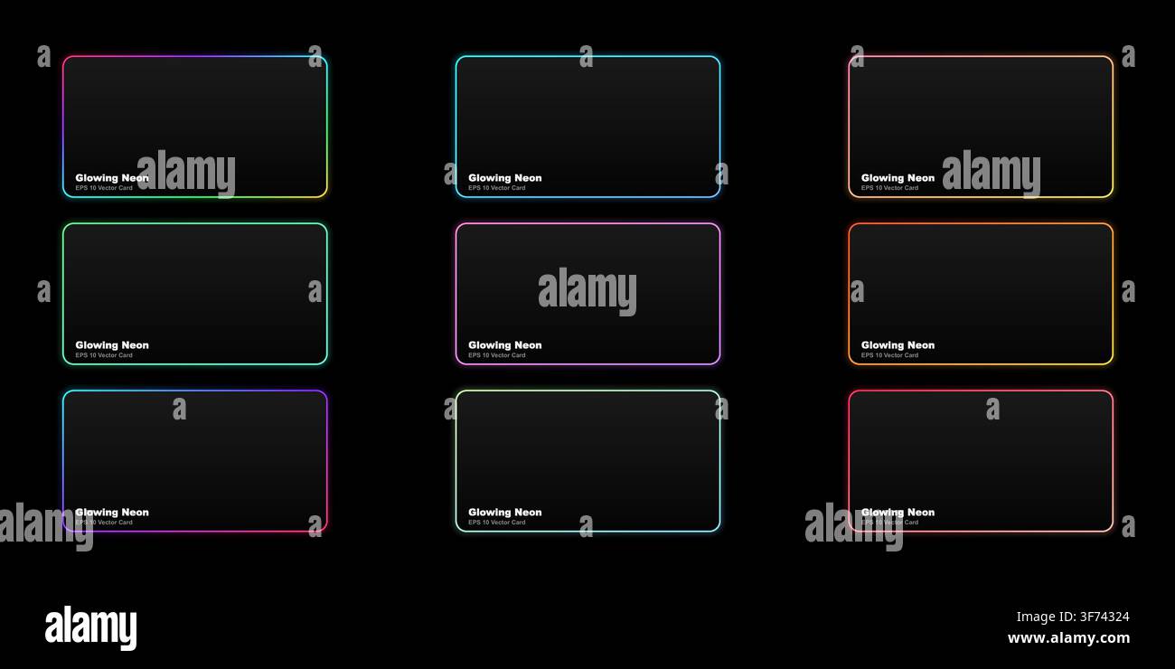 Set of glowing neon rectangular frames with rounded corners, vibrant gradient border designs for ui elements and digital signage Stock Vector