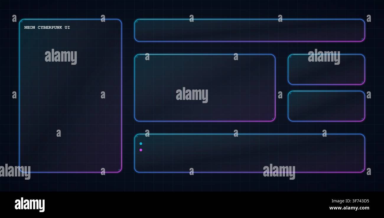 Neon cyberpunk ui interface frames and containers with glowing blue and purple border lines on a dark grid background for gaming or software Stock Vector