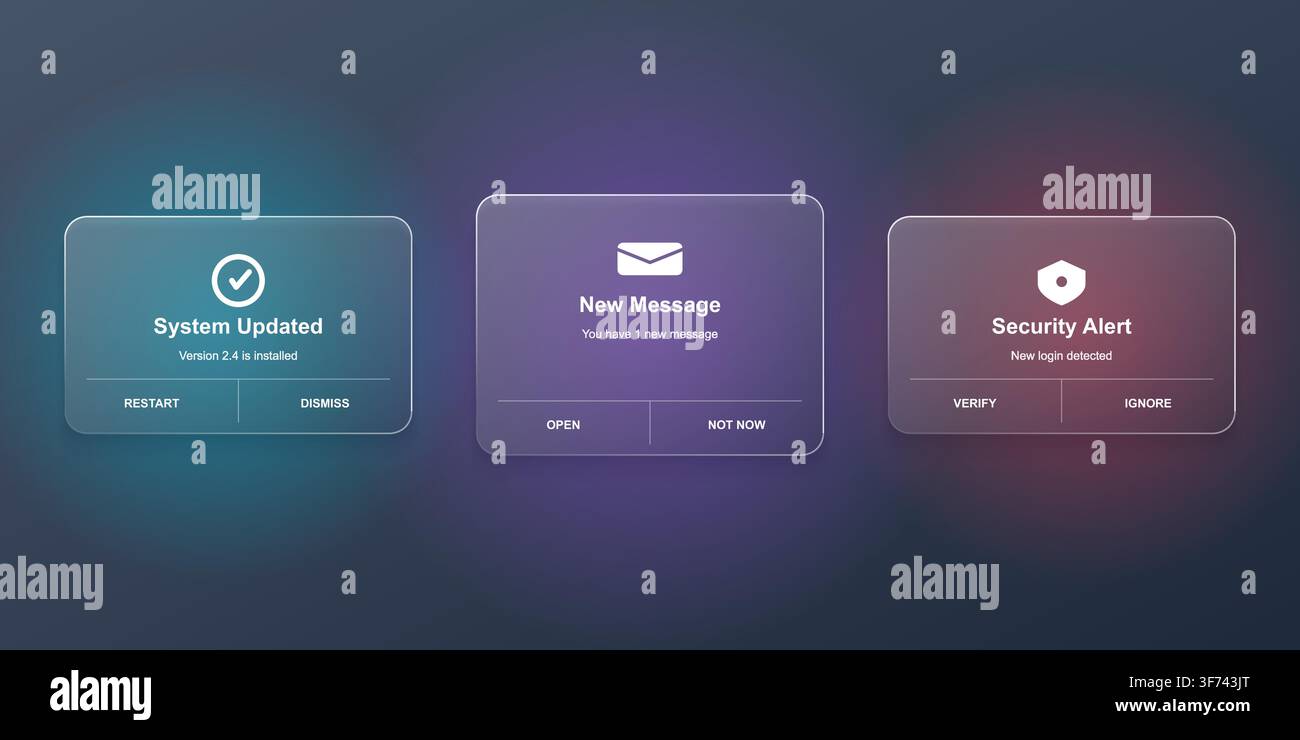 Glassmorphism notification alert popups ui Stock Vector