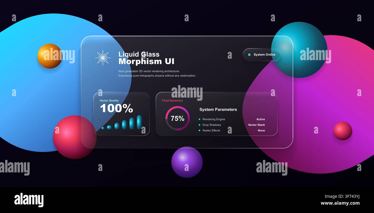 Futuristic liquid glass morphism ui dashboard with 3d spheres, holographic elements, and frosted glass panels on a dark background Stock Vector