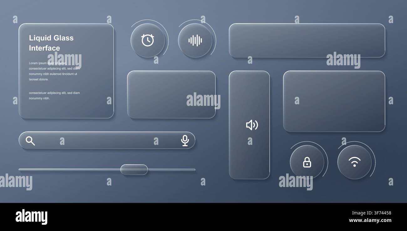 Liquid glass ui interface elements set with icons and sliders Stock Vector