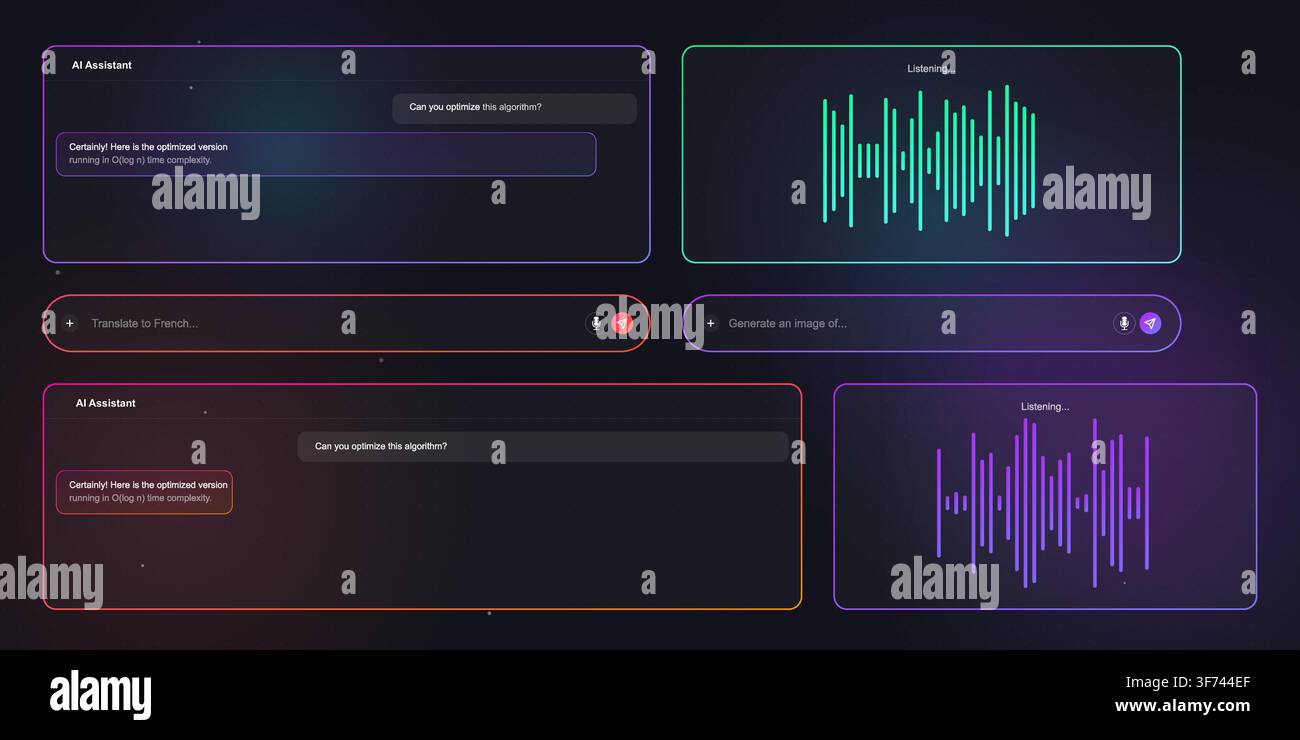 Modern ai assistant interface elements with voice command visualization and input fields Stock Vector