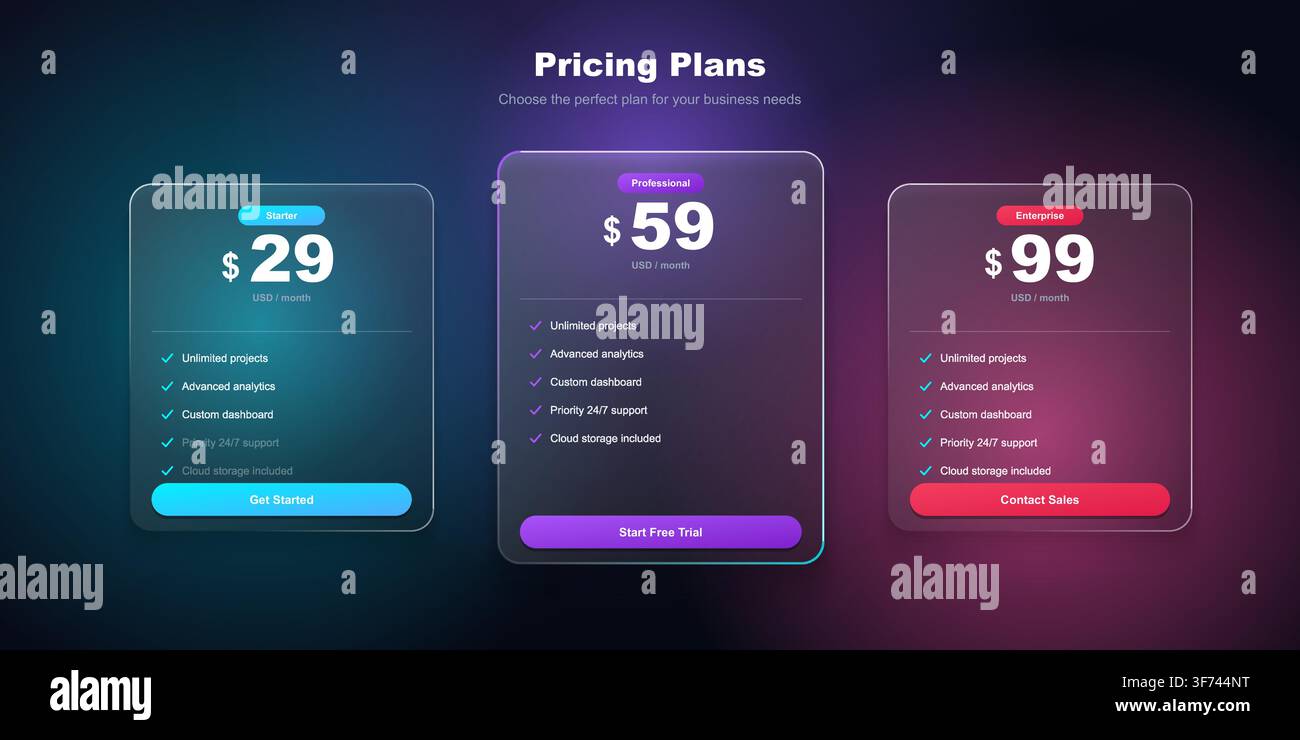 Modern pricing plans ui design with glassmorphism effect Stock Vector