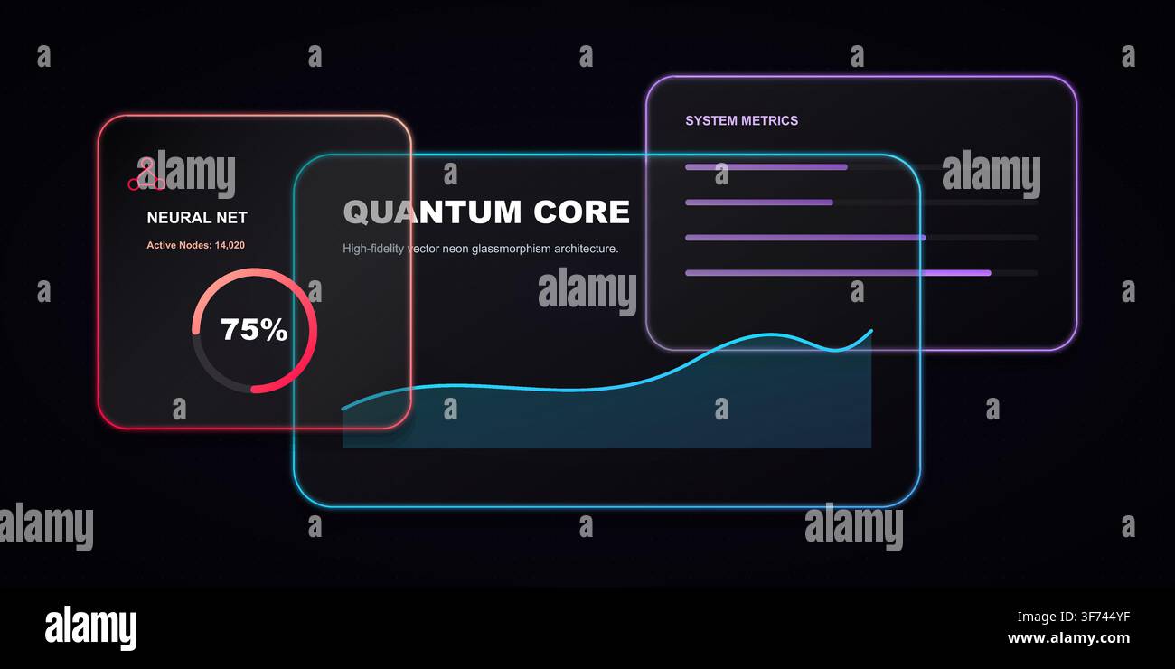 Quantum core neural network interface with neon glassmorphism design and system metrics dashboard Stock Vector