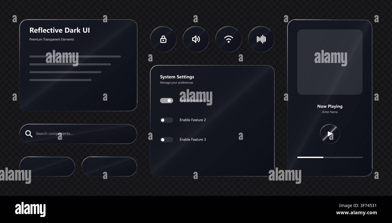 Reflective dark ui elements kit with transparent glassmorphism style Stock Vector