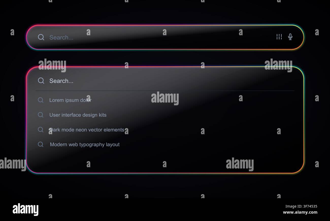 Dark mode search bar ui components with glowing rgb neon gradient borders, glassmorphism effect, and dropdown menu options for web interface Stock Vector