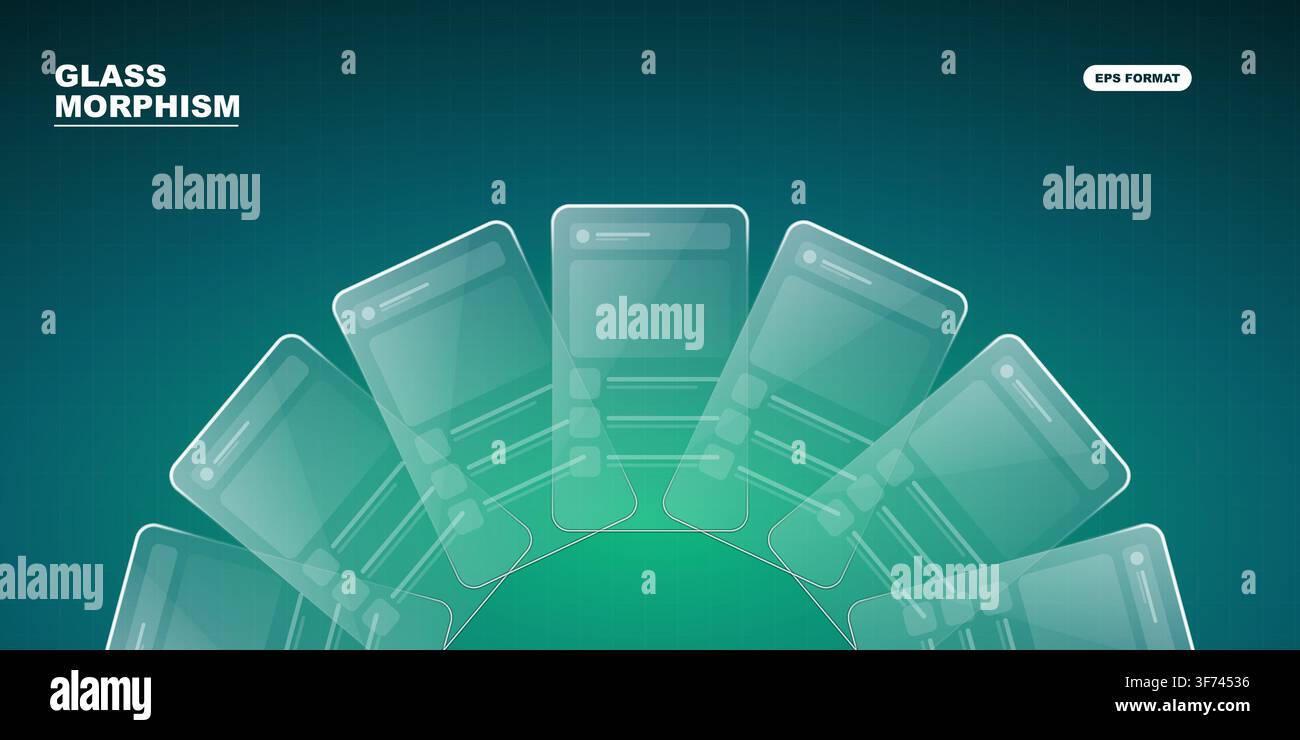 Glassmorphism ui elements arranged in a radial fan pattern on a gradient green background Stock Vector