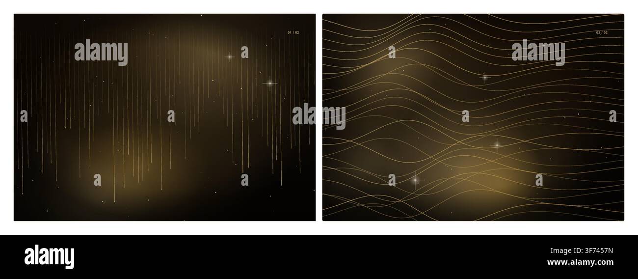 Two abstract space posters with gold gradient, vertical light rays and wavy lines on dark background Stock Vector
