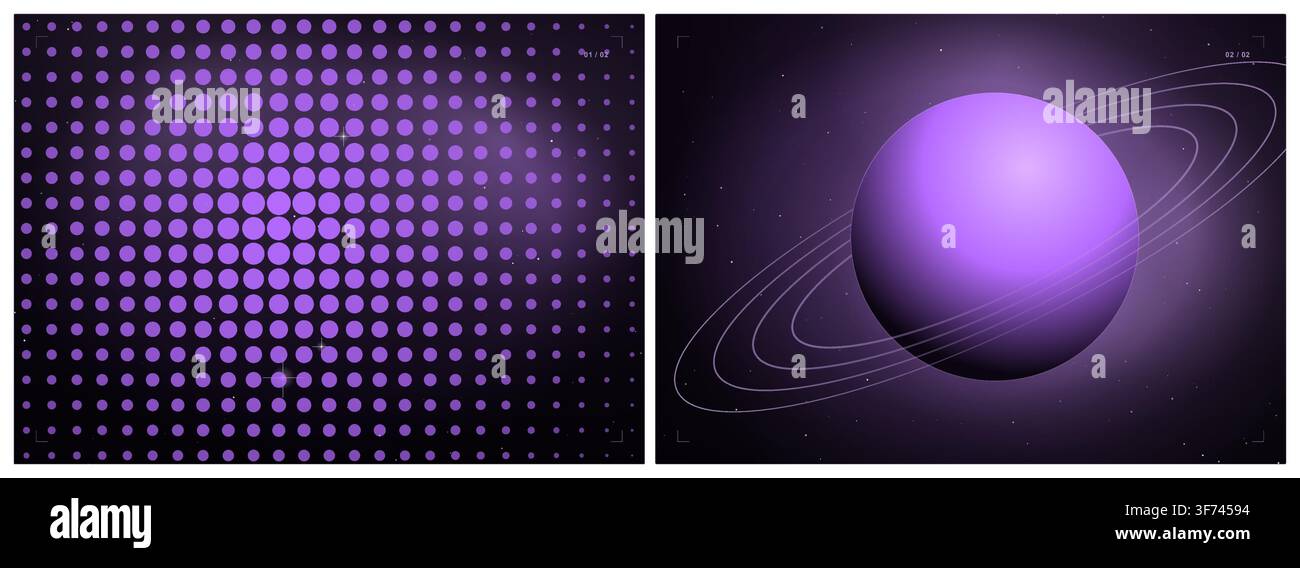 Abstract space digital art with planet and halftone pattern in purple gradient Stock Vector