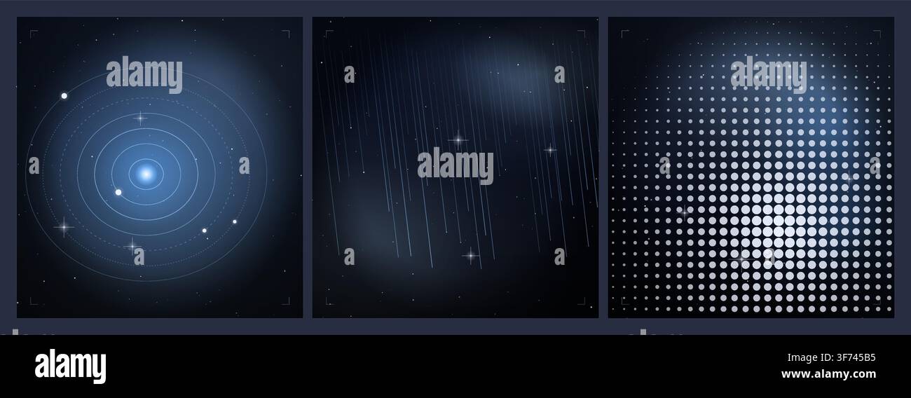 Set of abstract space backgrounds with blue glowing elements, circular orbits, vertical rain effect and halftone patterns in deep space Stock Vector
