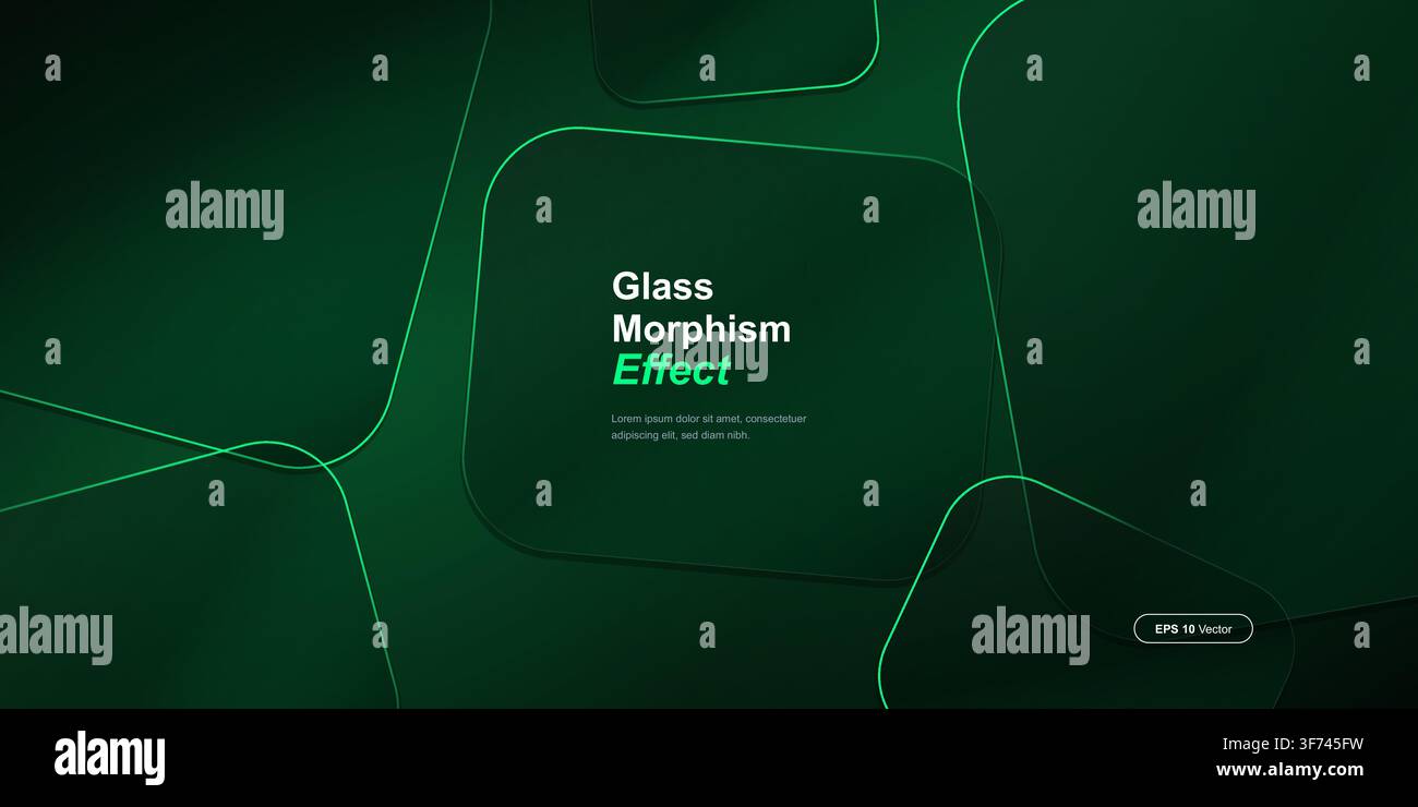 Abstract background with glass morphism effect, rounded square shapes and glowing neon lines in deep green gradient colors Stock Vector