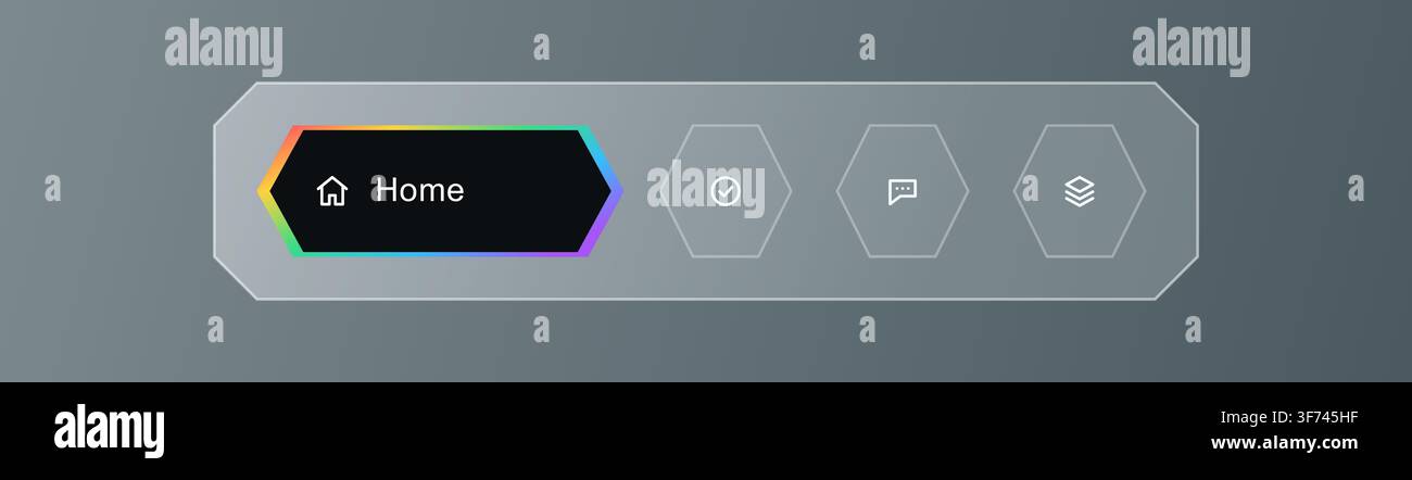 Modern glassmorphism navigation bar with hexagonal buttons and rainbow gradient border for ui design Stock Vector
