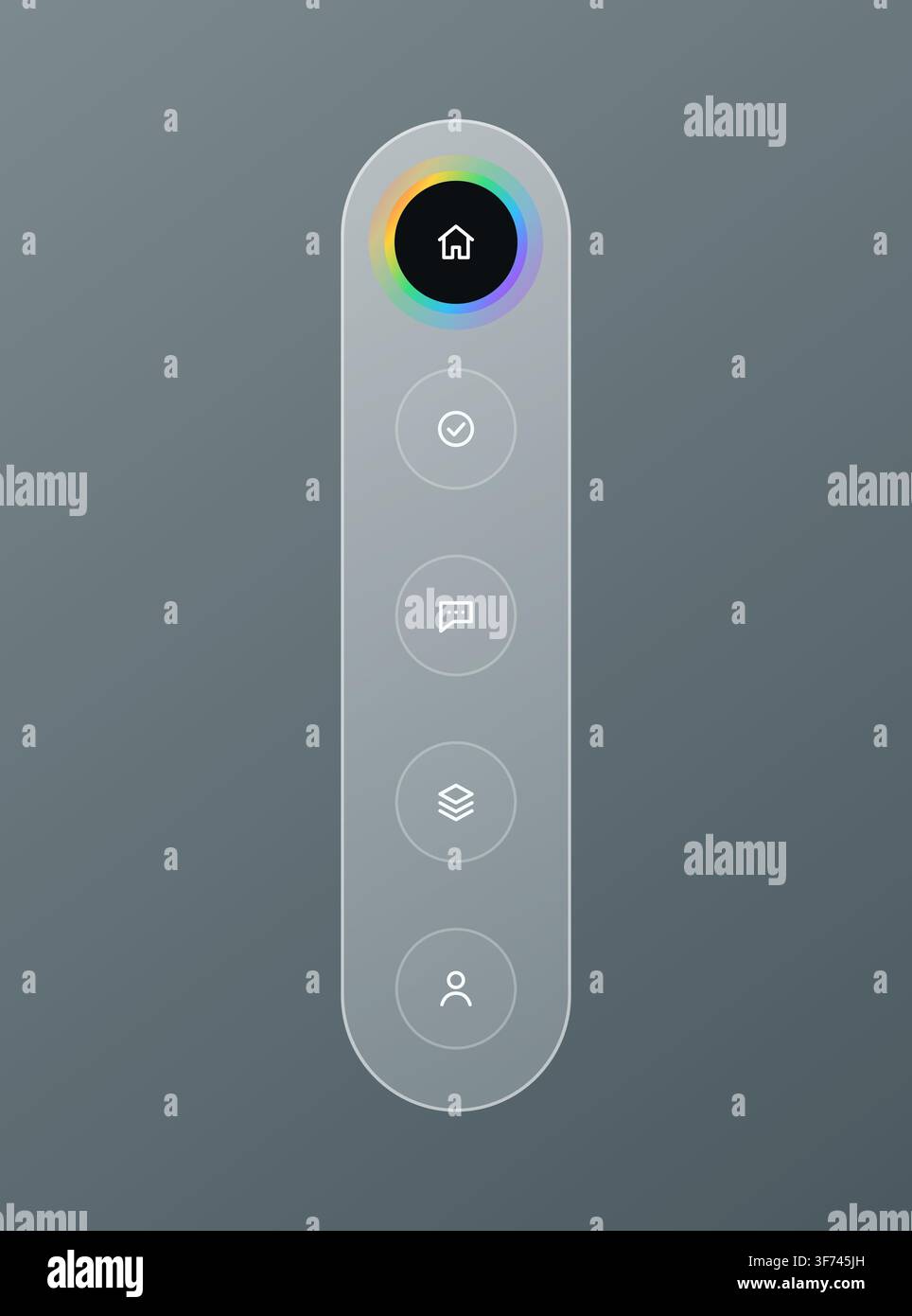 Vertical glassmorphism sidebar navigation menu with circular icons and gradient active state Stock Vector