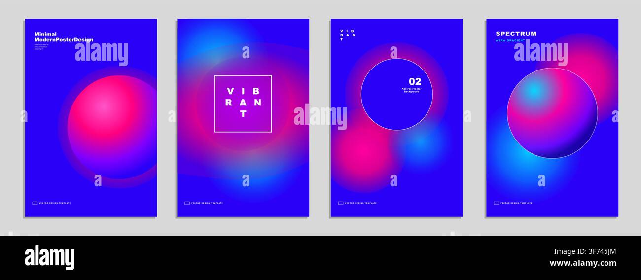 Set of modern abstract posters with vibrant gradient fluid shapes and minimalist typography Stock Vector