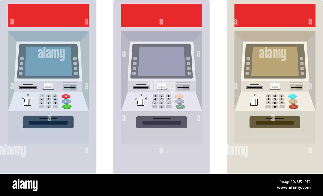 Three modern atm machines with different screen displays Stock Vector