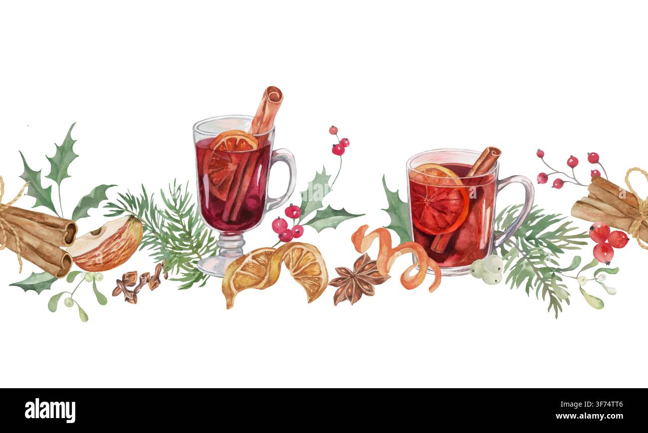 Watercolor Mulled Wine Seamless Border Frame with Cinnamon, Anise, Dried Oranges and Pine Branches Isolated on White Background. Vector EPS. Stock Vector