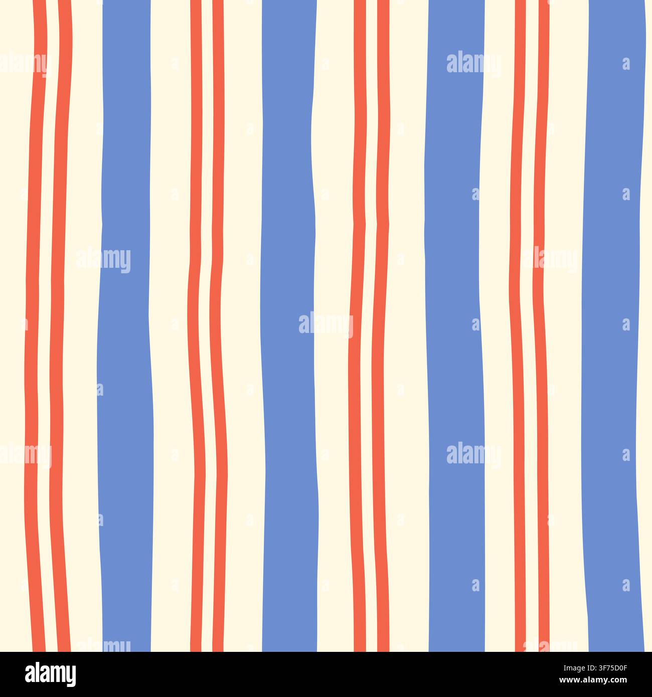 Blue and red organic nautical stripes seamless vector pattern, Irregular stripe background, Retro painted lines for summer clothing designs Stock Vector