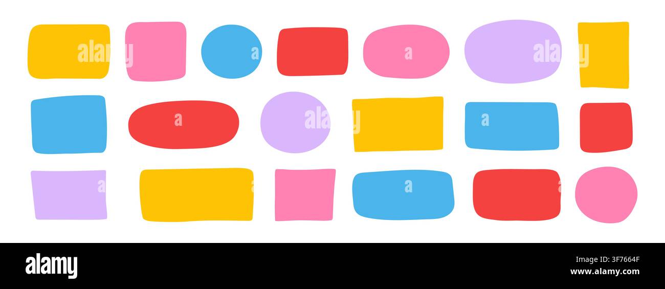 Set of colorful abstract hand-drawn geometric shapes. Irregular circle, oval, rectangle text boxes on white background. Stock Vector