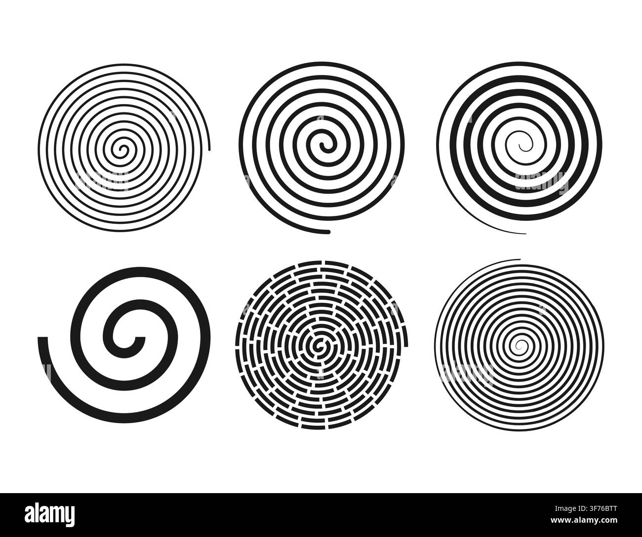 Set of Six Black Spiral and Concentric Circle Designs Abstract Hypnotic Pattern Vector Elements. Stock Vector