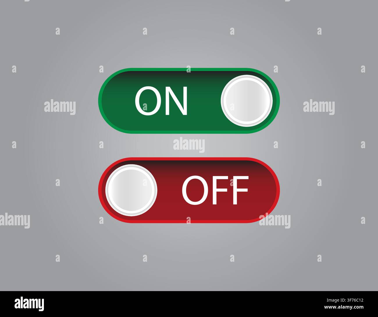 Green On and Red Off Toggle Switch Buttons Set for Interface Controls and Power States. Stock Vector