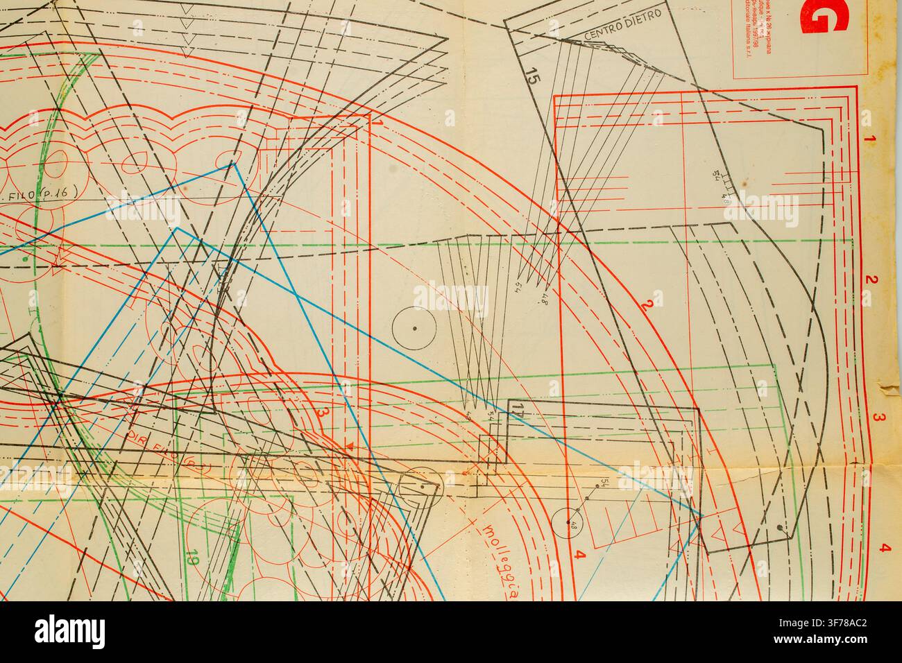Abstract colorful fashion pattern on paper, drawing sheet with overlapping clothing construction line Stock Photo