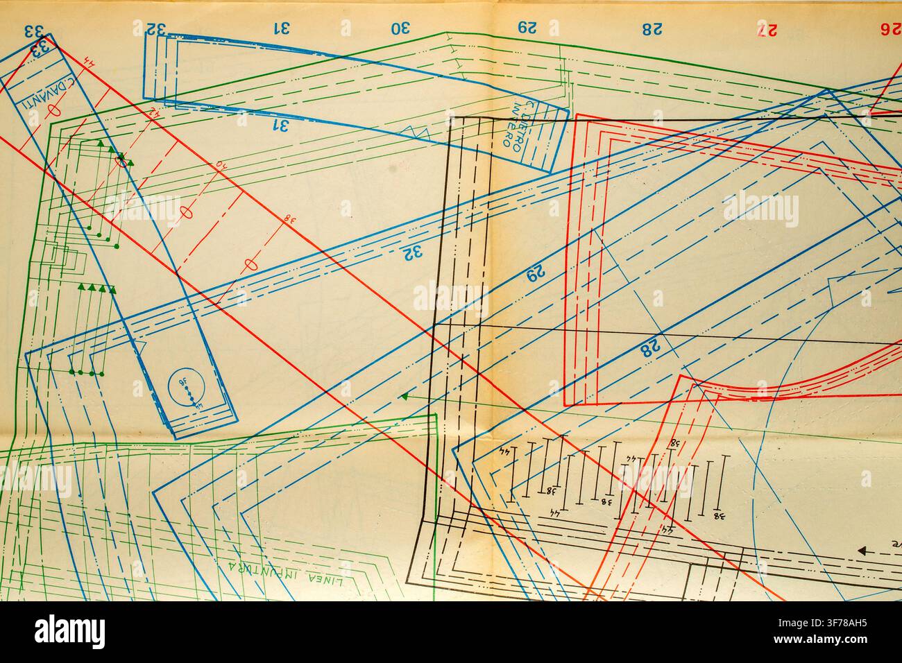 Abstract colorful fashion pattern on paper, drawing sheet with overlapping clothing construction line Stock Photo