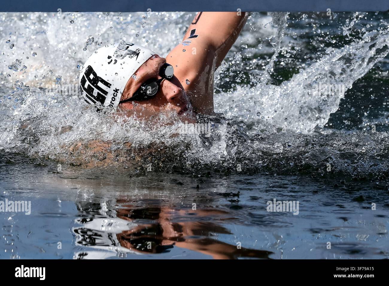Paris, France. 08th Aug, 2026. Florian Wellbrock of Germany wins the gold medal in the open water swimming 4x1500m Mixed Relay Final during the European Aquatics Championships at the River Seine in Paris (France), August 8, 2026. Credit: Insidefoto/Alamy Live News Stock Photo