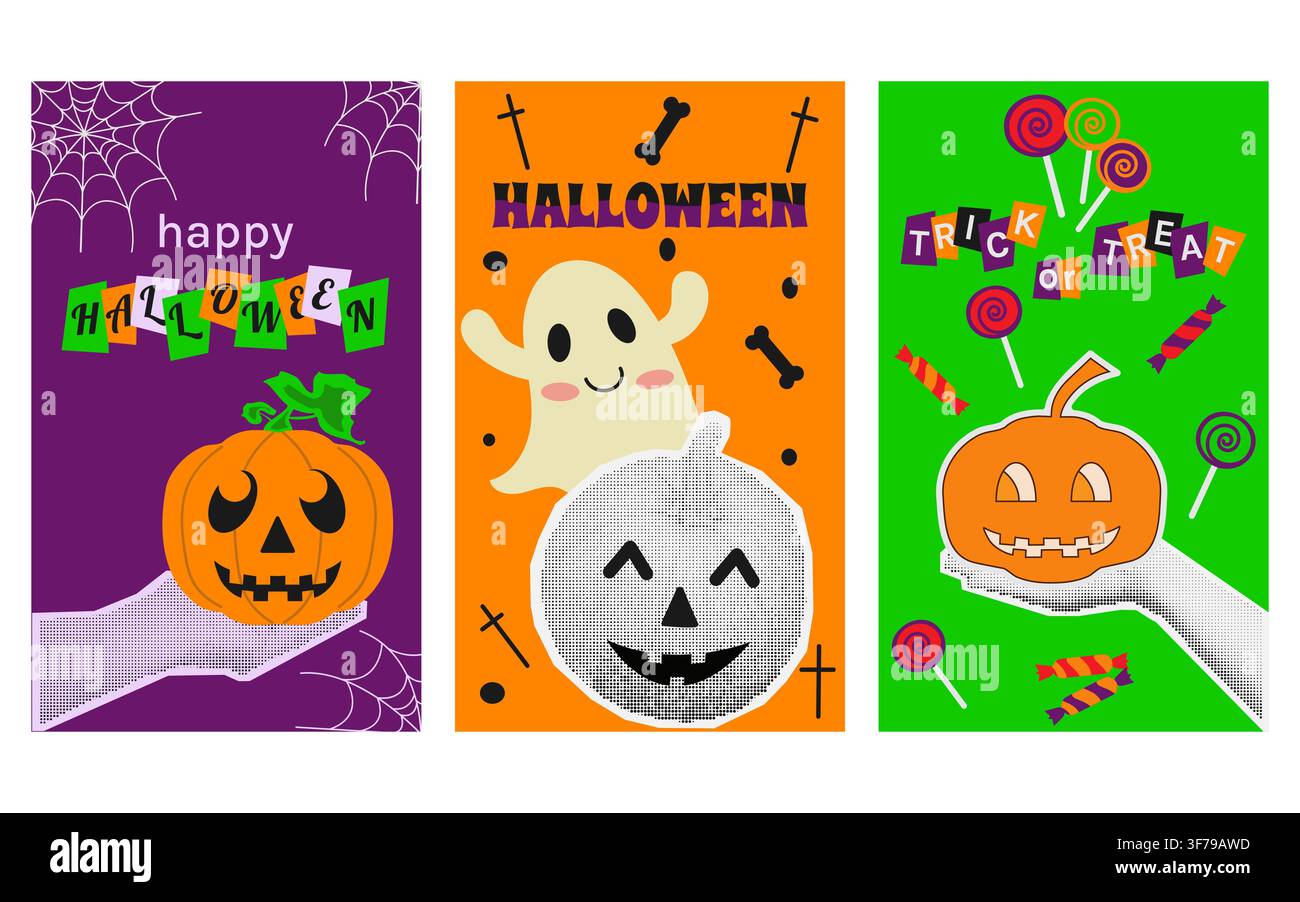 Halloween Pumpkins Halftone Collage Elements Stock Vector