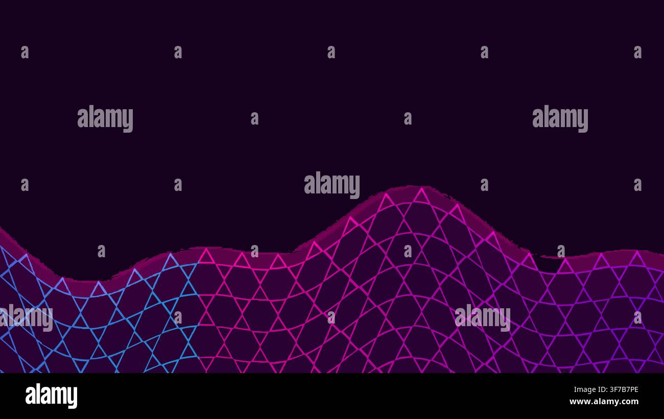 retro synthwave hexagon grid background: Low-poly synthwave mountains made from sparse hexagonal contours glide beneath a violet sky rendered as an ed Stock Vector