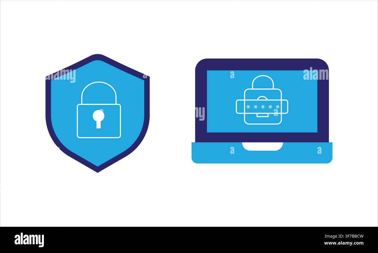 cyber security protection icon set -shield ,padlock, secure laptop vector illustration Stock Vector