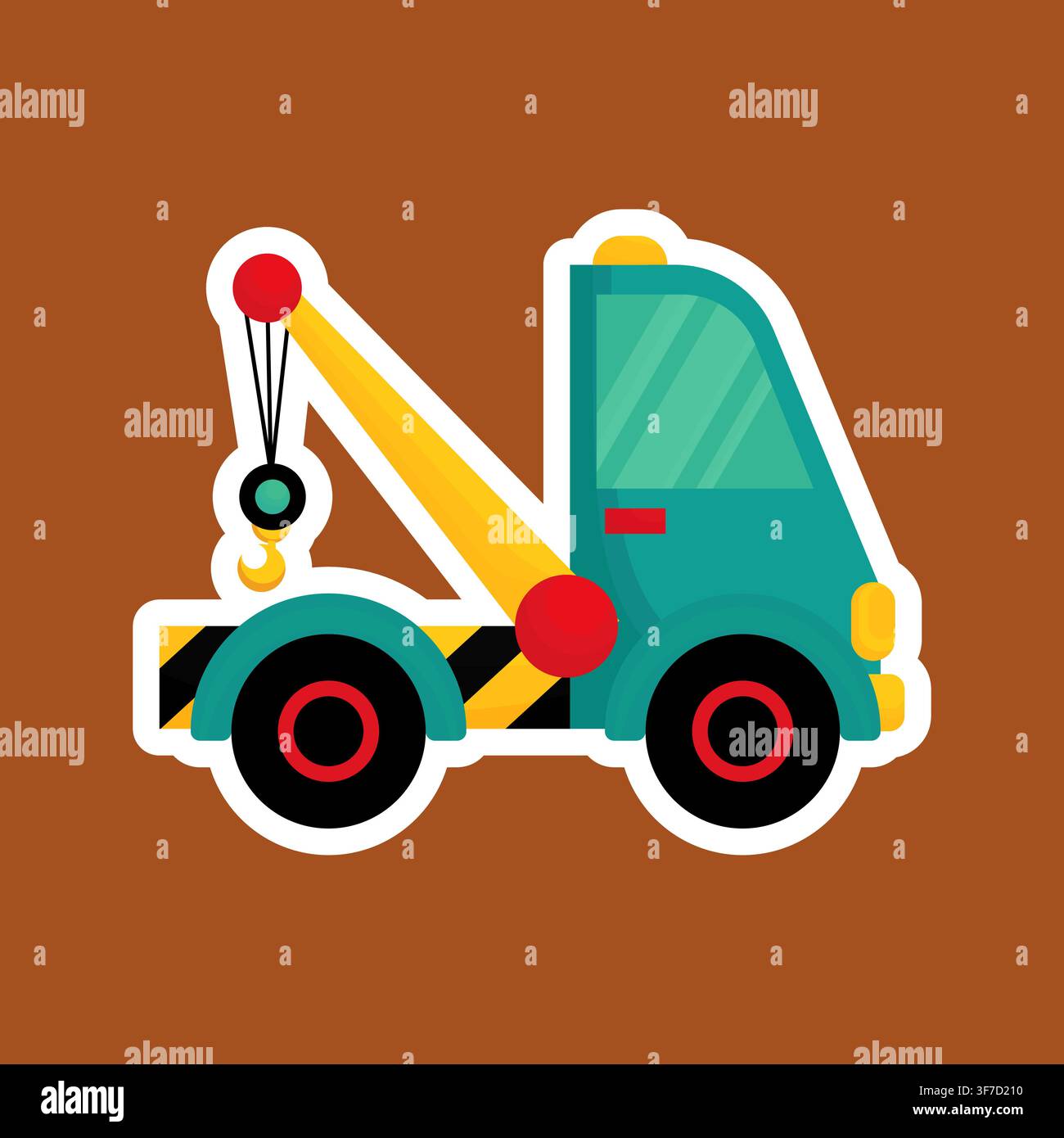 Cute cartoon tow truck with crane and hook in flat vector sticker style Stock Vector