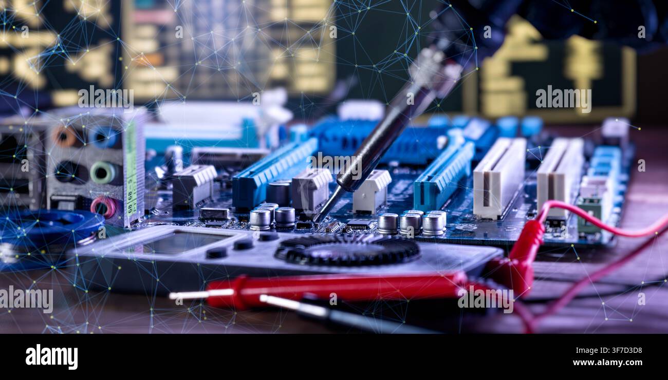 Advanced electronic engineering and IT diagnostics. Circuit board with cyber network data overlay and multimeter. Stock Photo