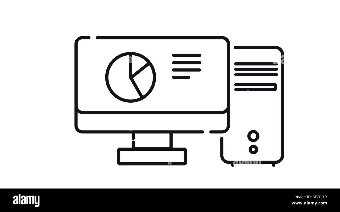 Desktop computer tower and monitor with pie chart diagram on screen vector icon. Stock Vector