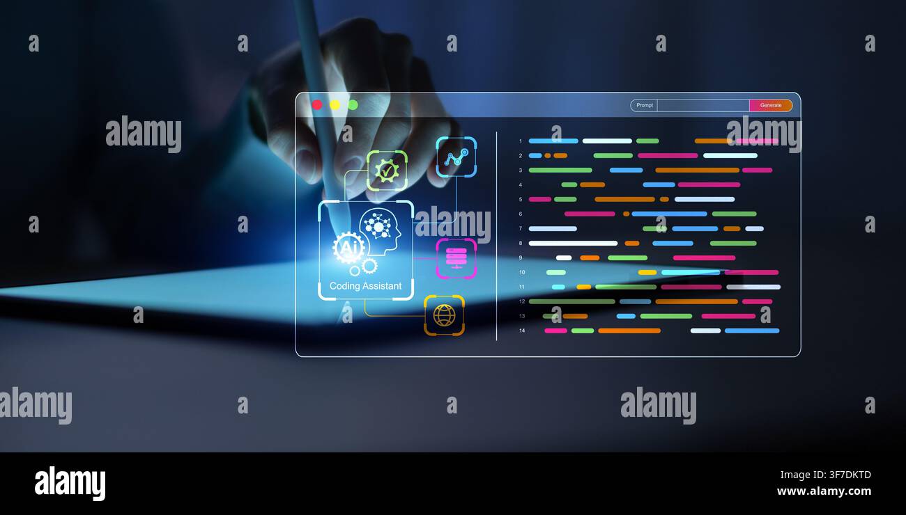 AI artificial intelligence coding assistant for software development and programming support with interactive tablet interface Stock Photo
