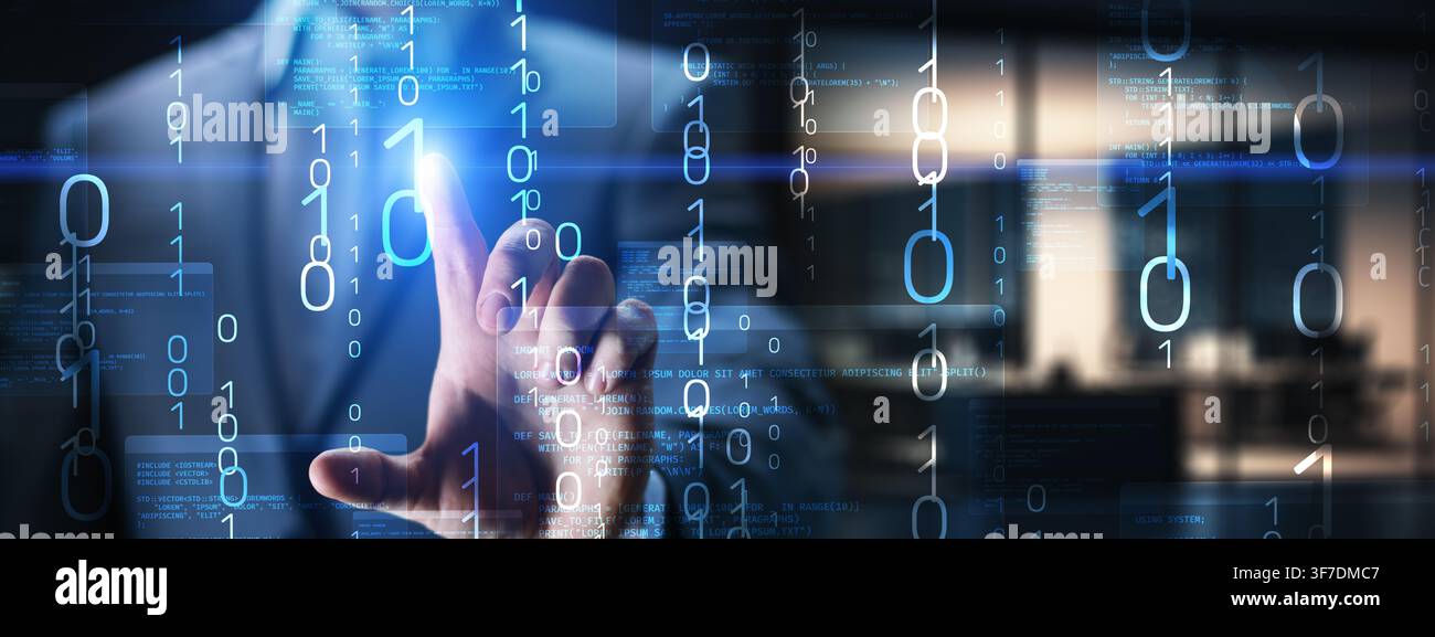 Programming code interface for software development and computer science learning with hand interaction Stock Photo
