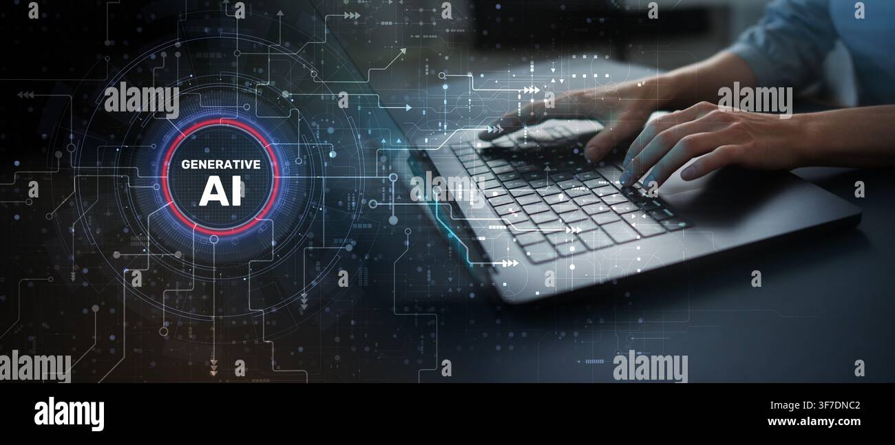 AI artificial intelligence system for creative content generation with human typing on laptop Stock Photo
