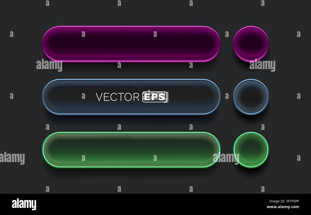 Glossy neon UI buttons and shapes set on dark background. Modern vibrant glass user interface elements with glowing effect. Vector illustration. Stock Vector