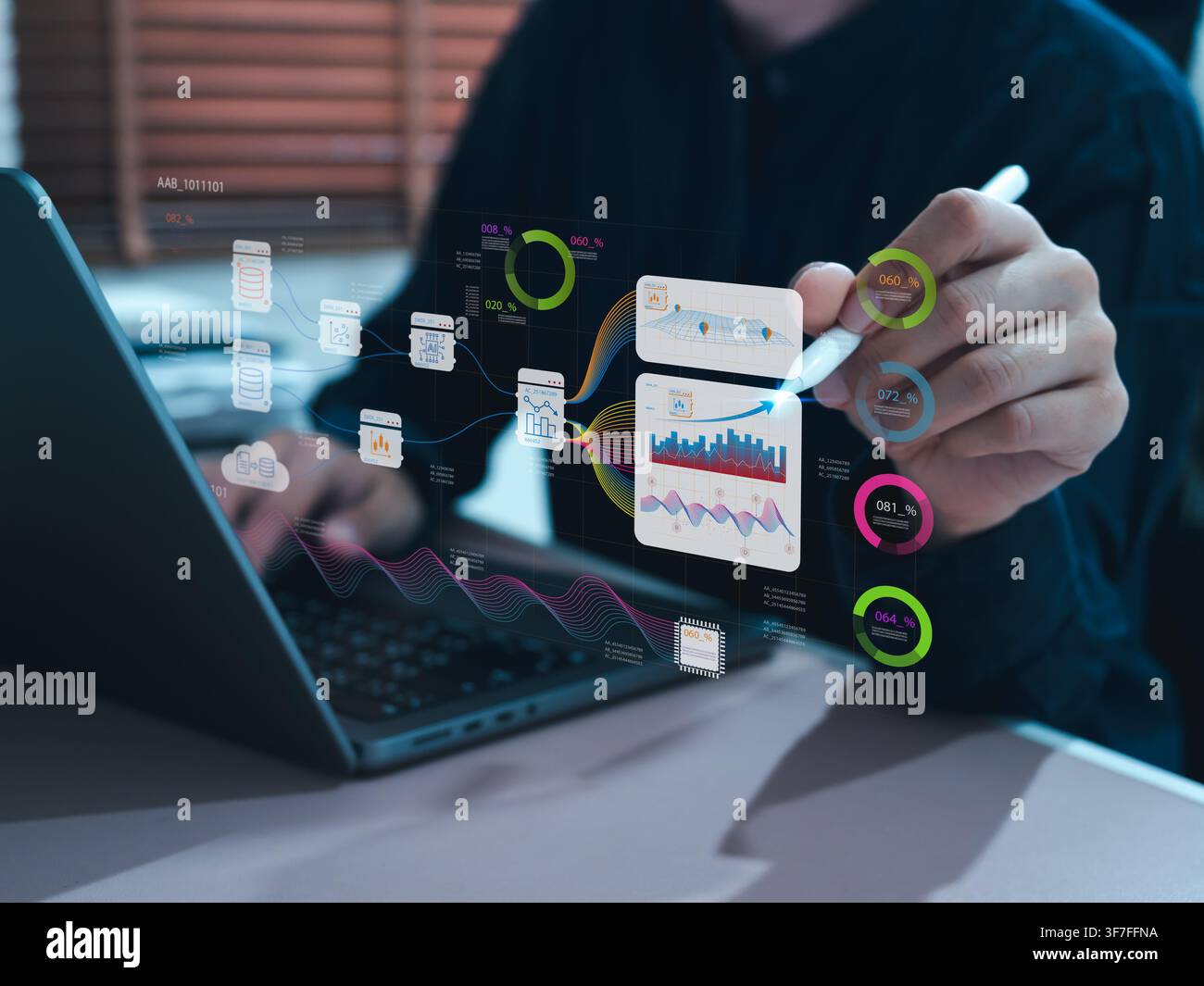 Business professional analyzing AI-powered data analytics with interactive dashboard, data visualization, business intelligence, machine learning, big Stock Photo