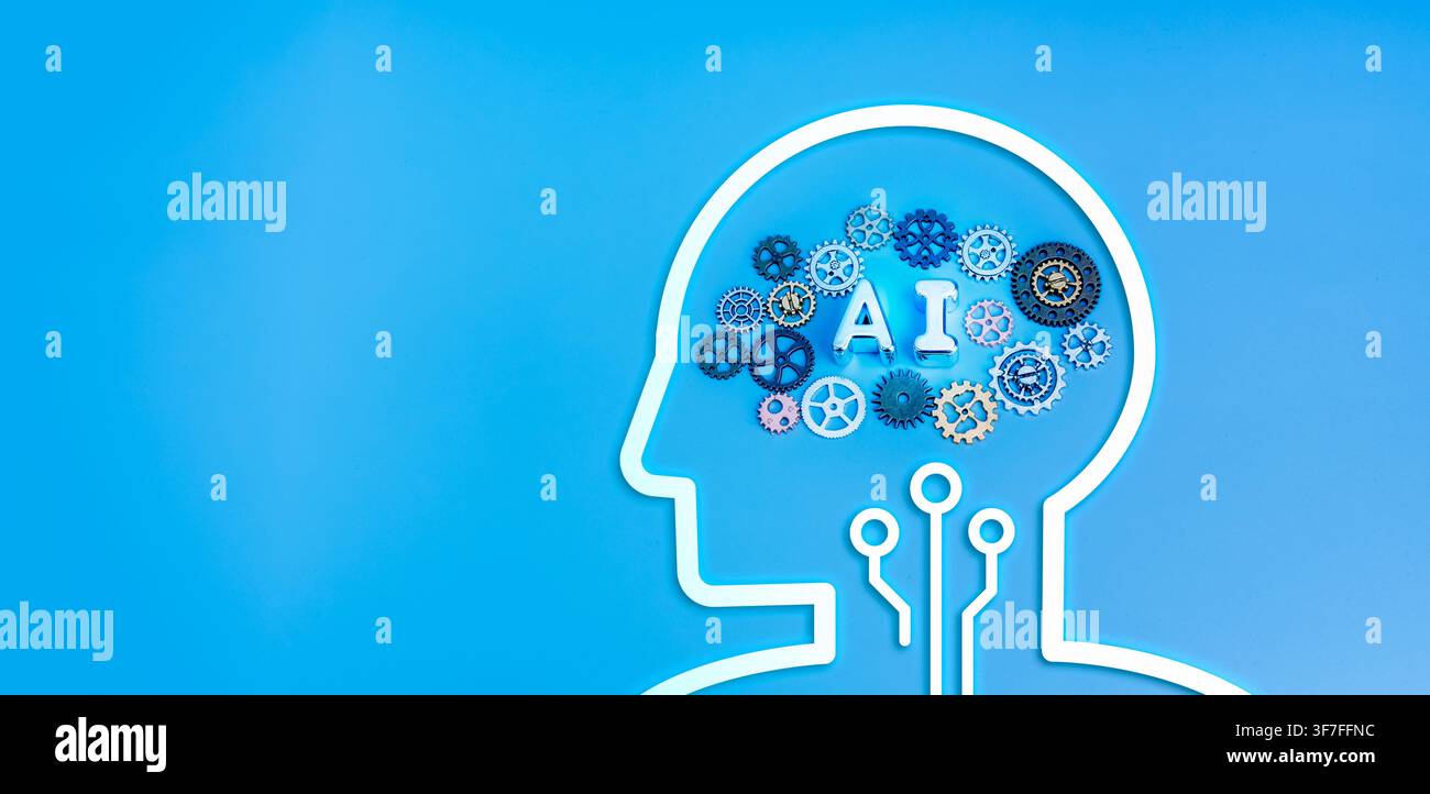 Artificial intelligence concept featuring digital brain with AI gears,. Human machine interface, neural network, intelligent systems, AI computing, in Stock Photo