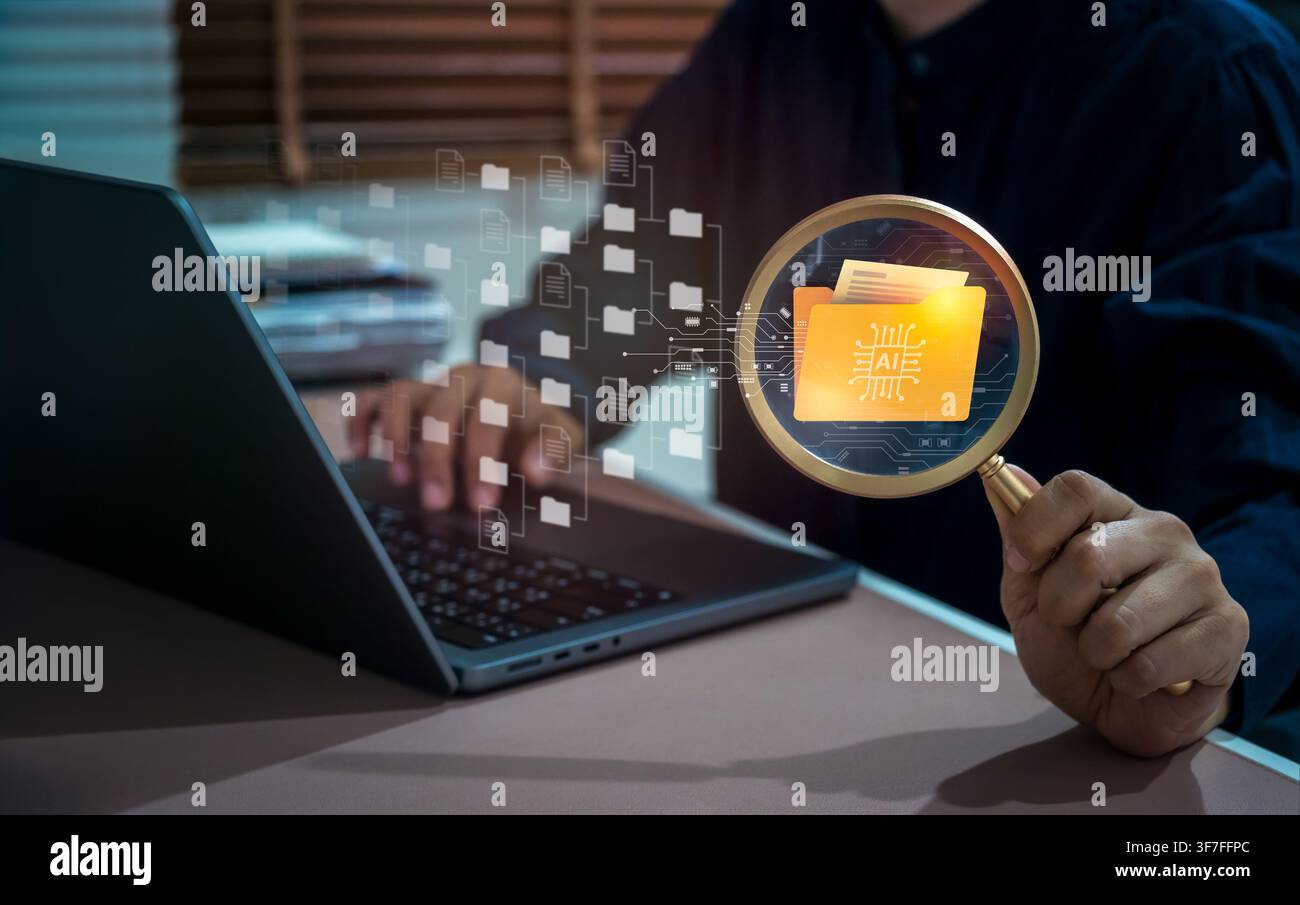 AI-powered document processing concept. Intelligent file management, enterprise AI search, document automation, knowledge base, data classification, d Stock Photo