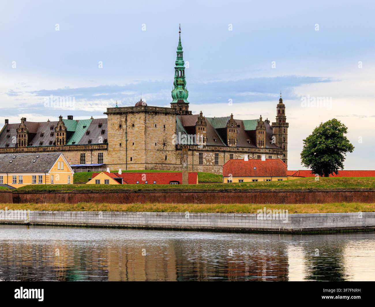 a lone tall tree stands next to kronborg castle with its green spire on the waterfront in helsingor Stock Photo